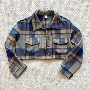 Shein Kids Plaid Brushed Flannel Button Down Cropped Shirt size 10 years